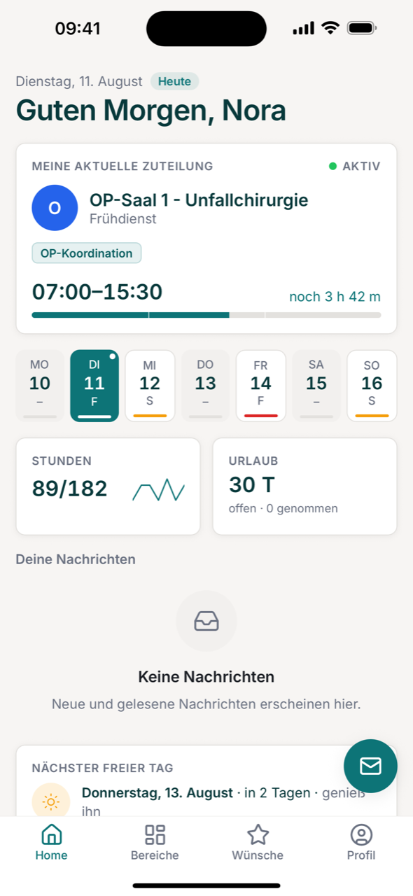 AnFlow App – Startbildschirm mit aktueller Zuteilung, Wochenübersicht und Stundenkonto